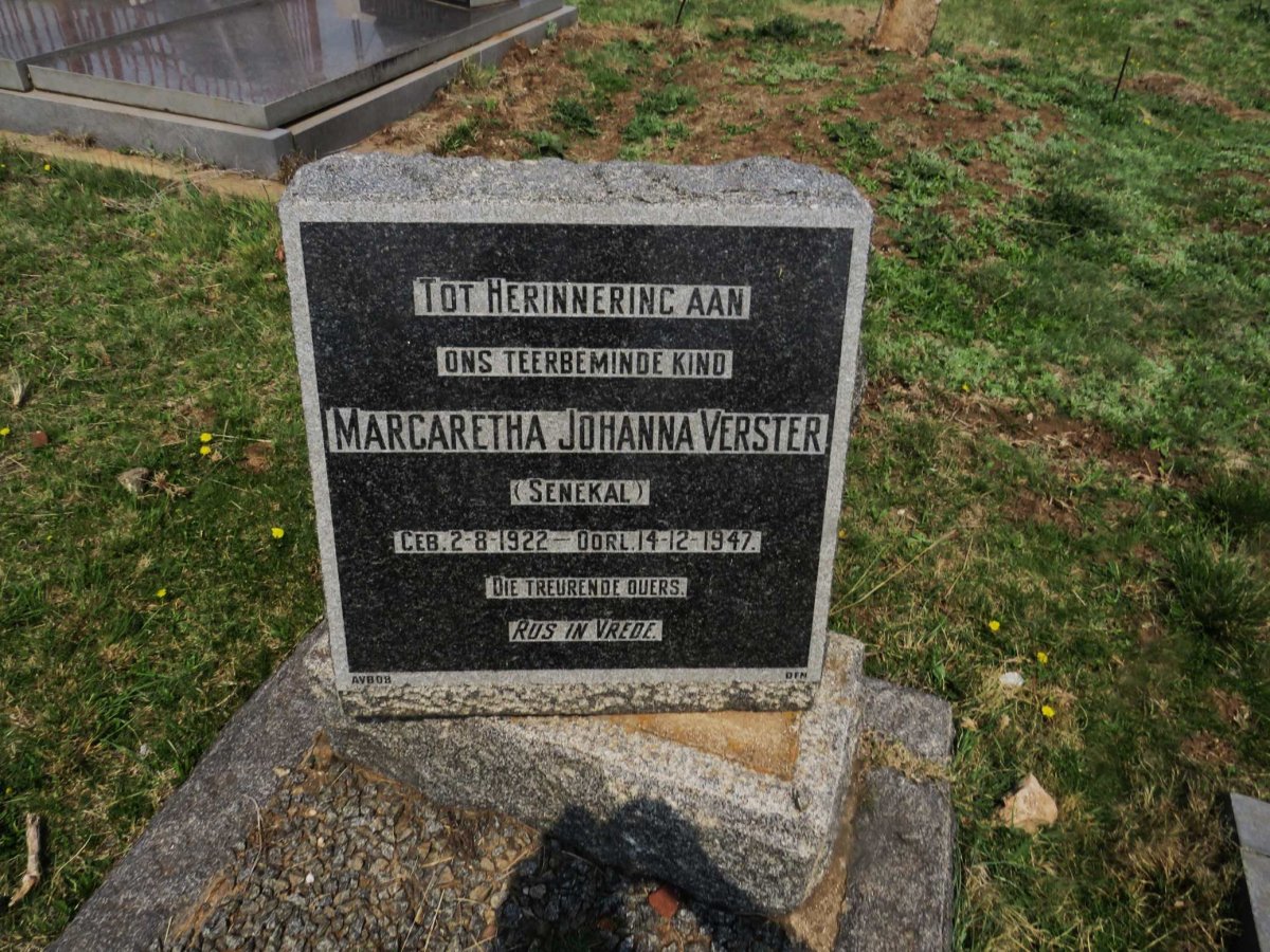 VERSTER Margaretha Johanna nee SENEKAL 1922-1947