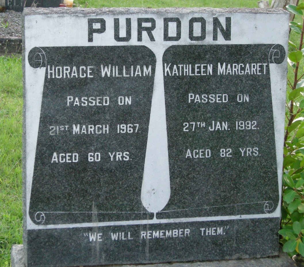 PURDON Horace William -1967 &amp; Kathleen Margaret -1992