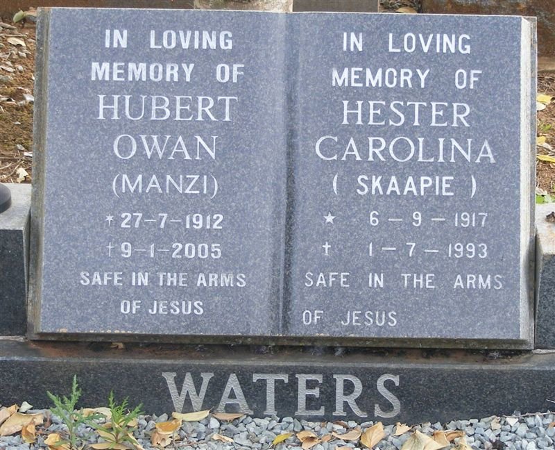 WATERS Hubert Owan 1912-2005 &amp; Hester Carolina 1917-1993