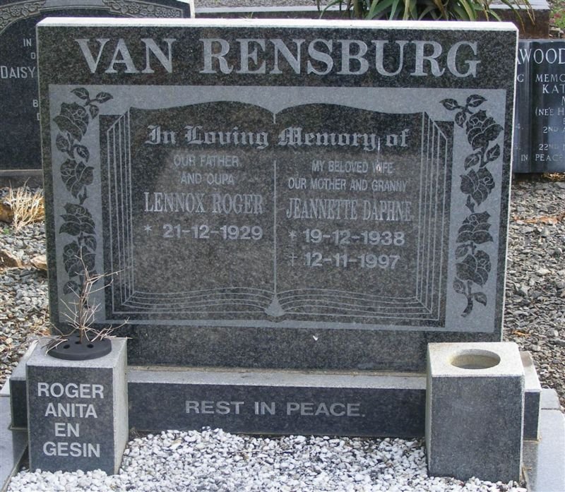 RENSBURG Lennox Roger, van 1929-  &amp; Jeanette Daphne 1938-1997