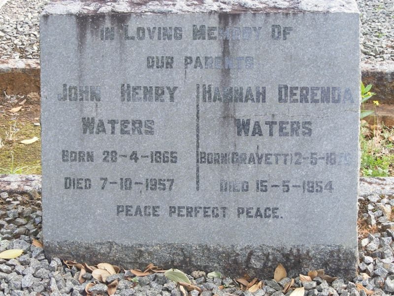 WATERS John Henry 1865-1957 &amp; Hannah Derenda GRAVETT 1870-1954