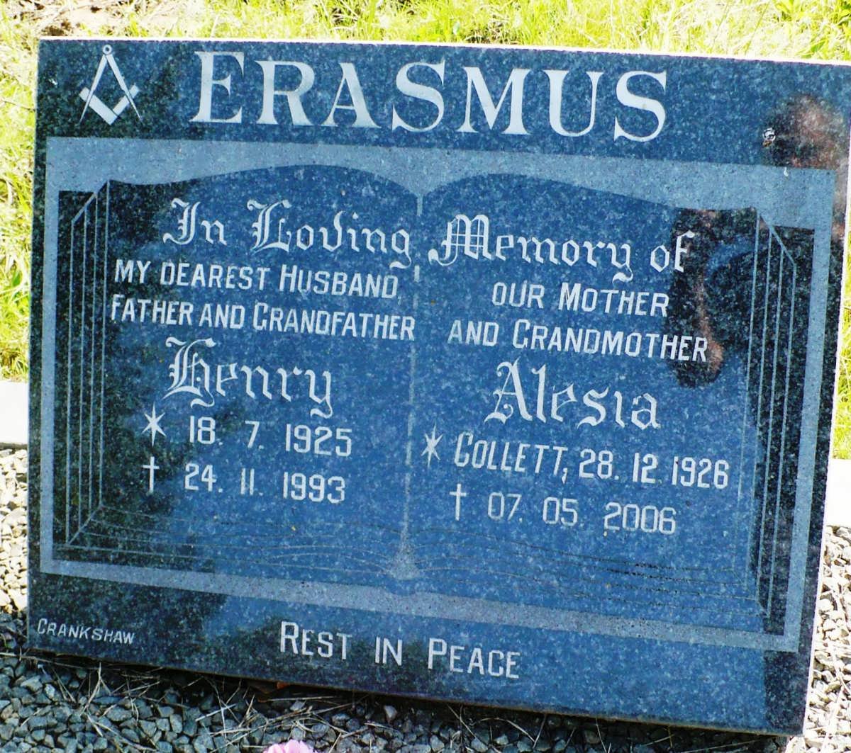 ERASMUS Henry 1925-1993 &amp; Alesia COLLETT 1926-2006