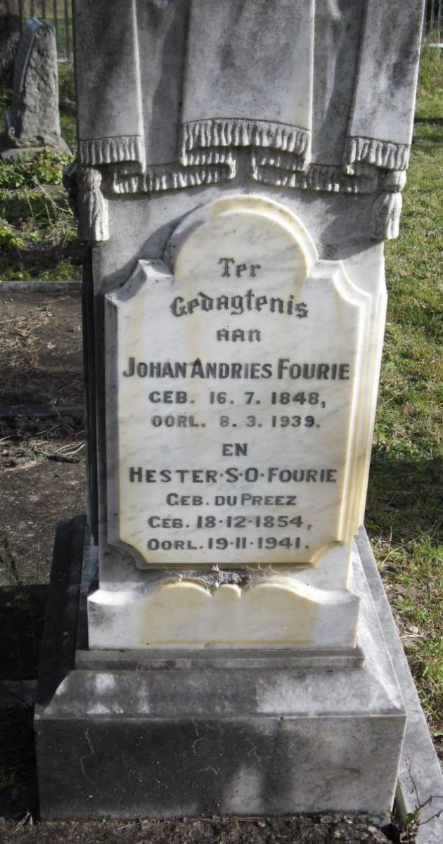 FOURIE Johan Andries 1848-1939 &amp; Hester S.O. DU PREEZ 1854-1951