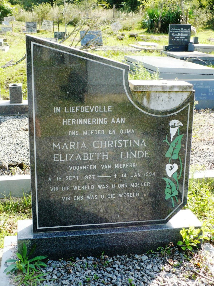 LINDE Maria Christina Elizabeth previously VAN NIEKERK 1927-1994