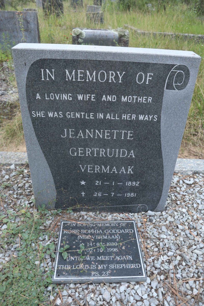 VERMAAK Jeannette Gertruida 1892-1981 :: GODDARD Rose Sophia nee VERMAAK 1930-1998