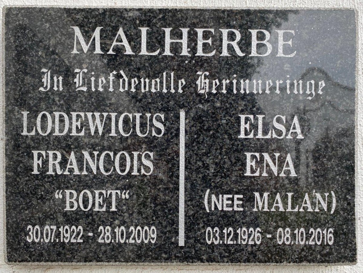 MALHERBE Lodewicus Francois 1922-2009 &amp; Elsa Ena MALAN 1926-2016