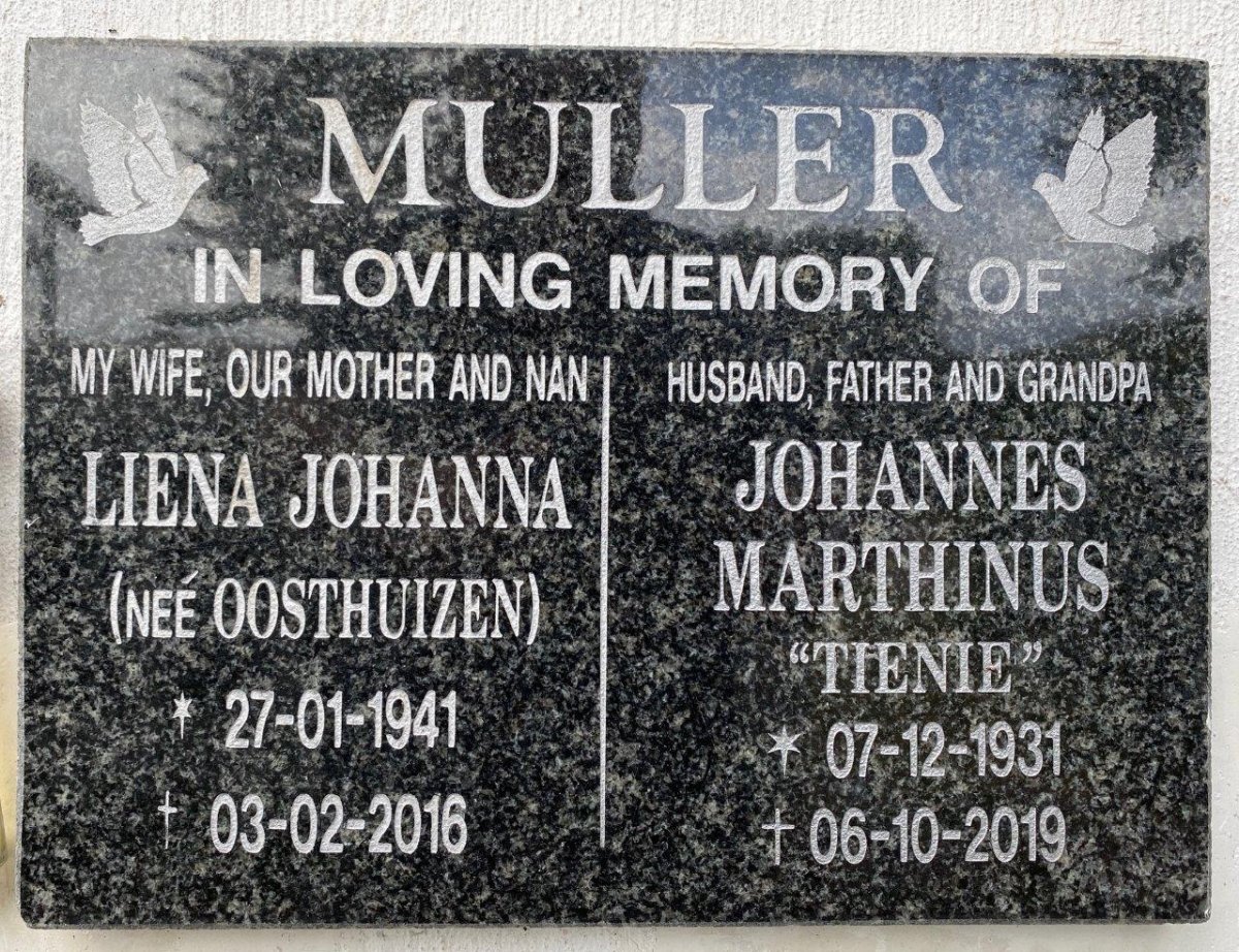 MULLER Johannes Marthinus 1931-2019 &amp; Liena Johanna OOSTHUIZEN 1941-2016