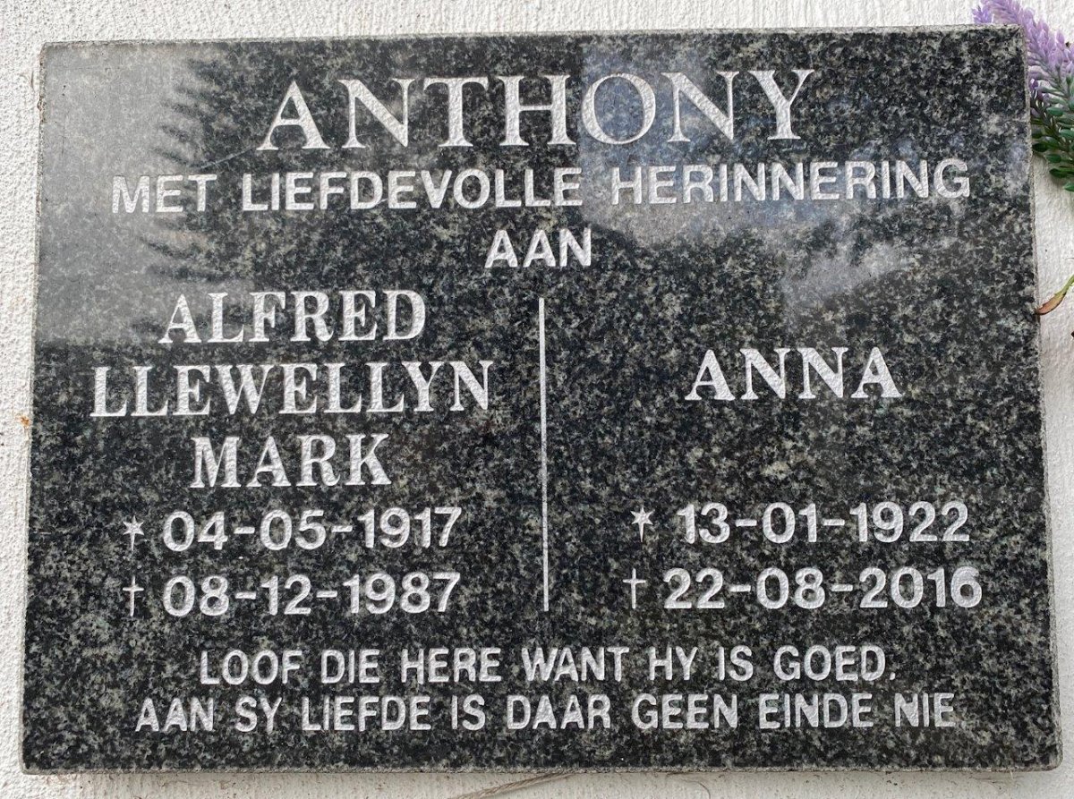 ANTHONY Alfred Llewellyn Mark 1917-1987 &amp; Anna 1922-2016
