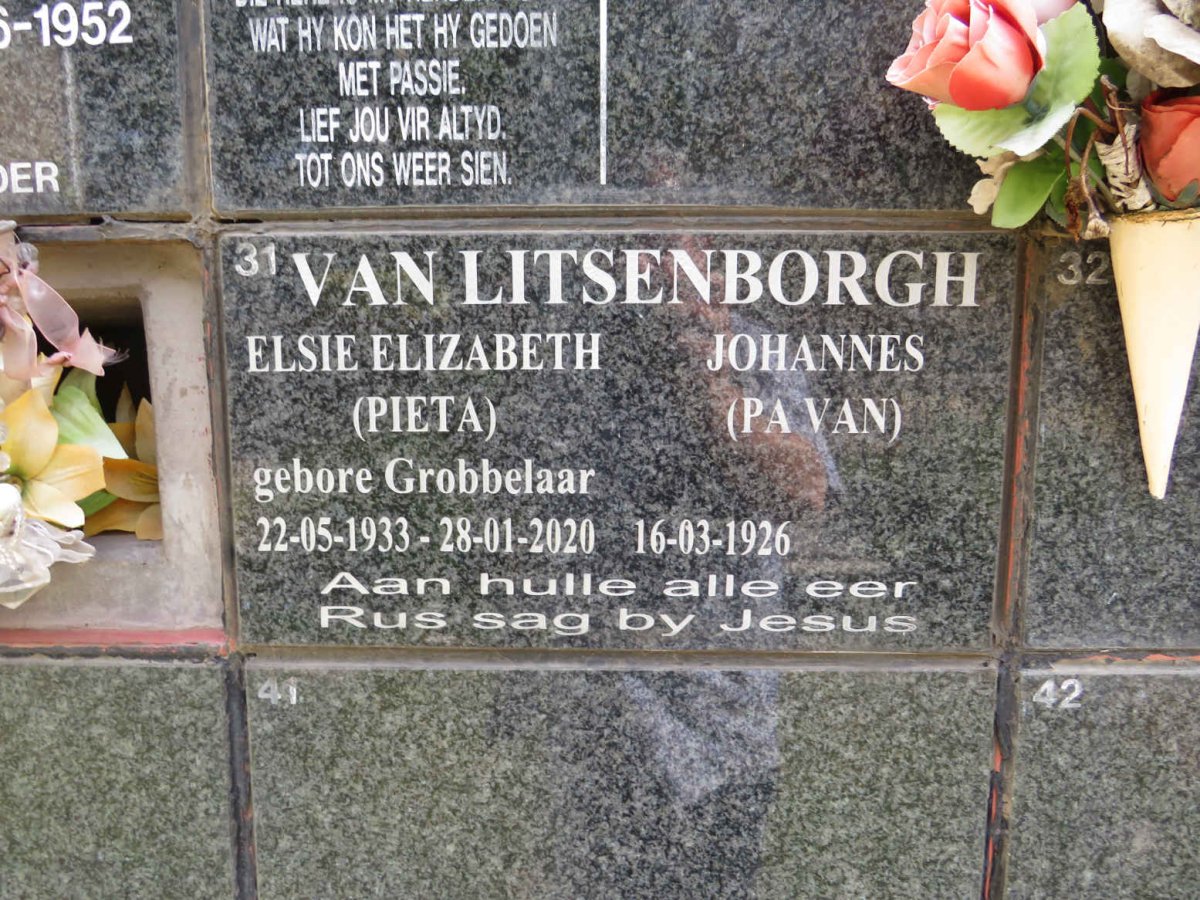 LITSENBORGH Johannes, van 1926- &amp; Elsie Elizabeth GROBBELAAR 1933-2020