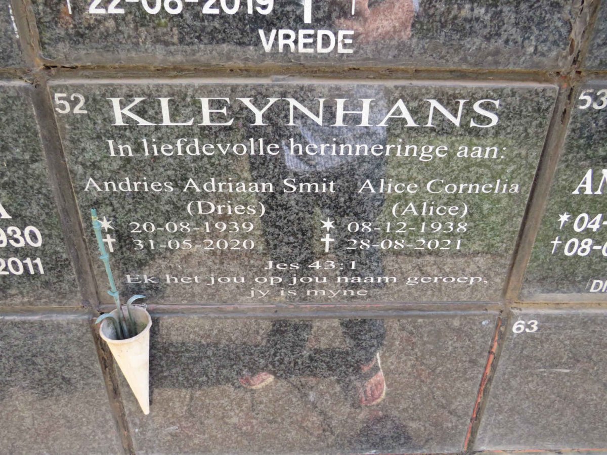 KLEYNHANS Andries Adriaan Smit 1939-2020 &amp; Alice Cornelia 1938-2021