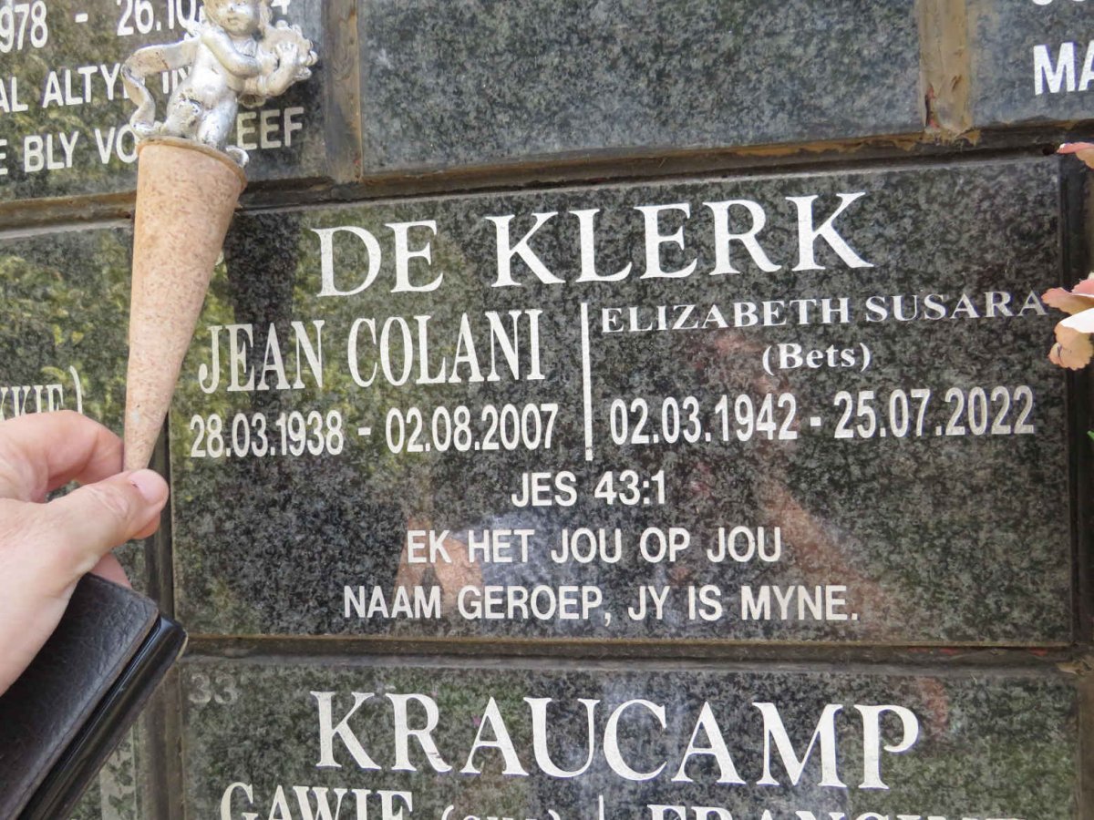 KLERK Jean Colani 1938-2007 &amp; Elizabeth Susara 1942-2022