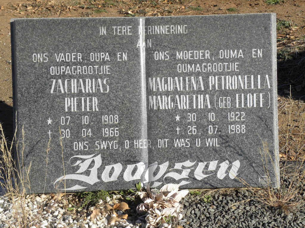 BOOYSEN Zacharias Pieter 1908-1966 &amp; Magdalena Petronella Margaretha ELOFF 1922-1988