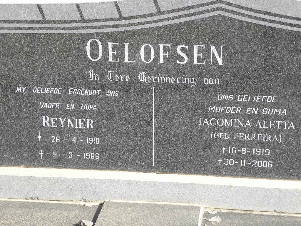 OELOFSEN Reynier 1910-1986 &amp; Jacomina Aletta FERREIRA 1919-2006
