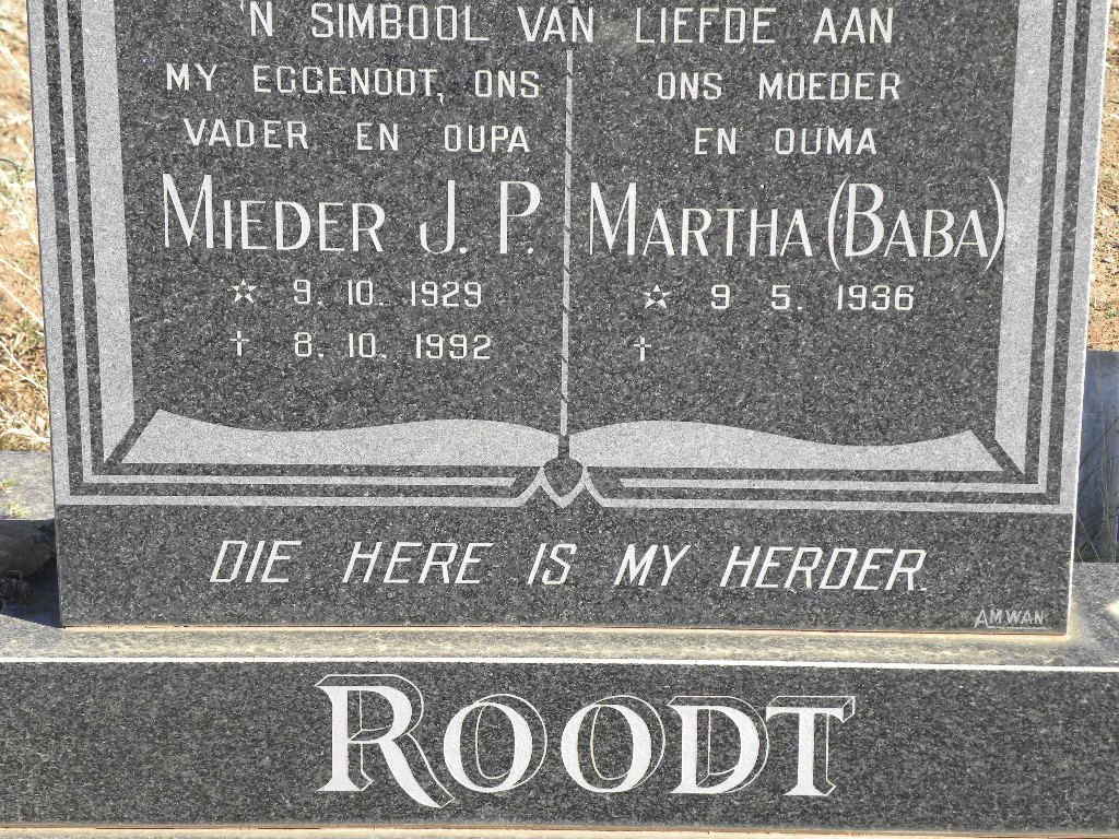 ROODT Mieder J.P. 1929-1992 &amp; Martha 1936-