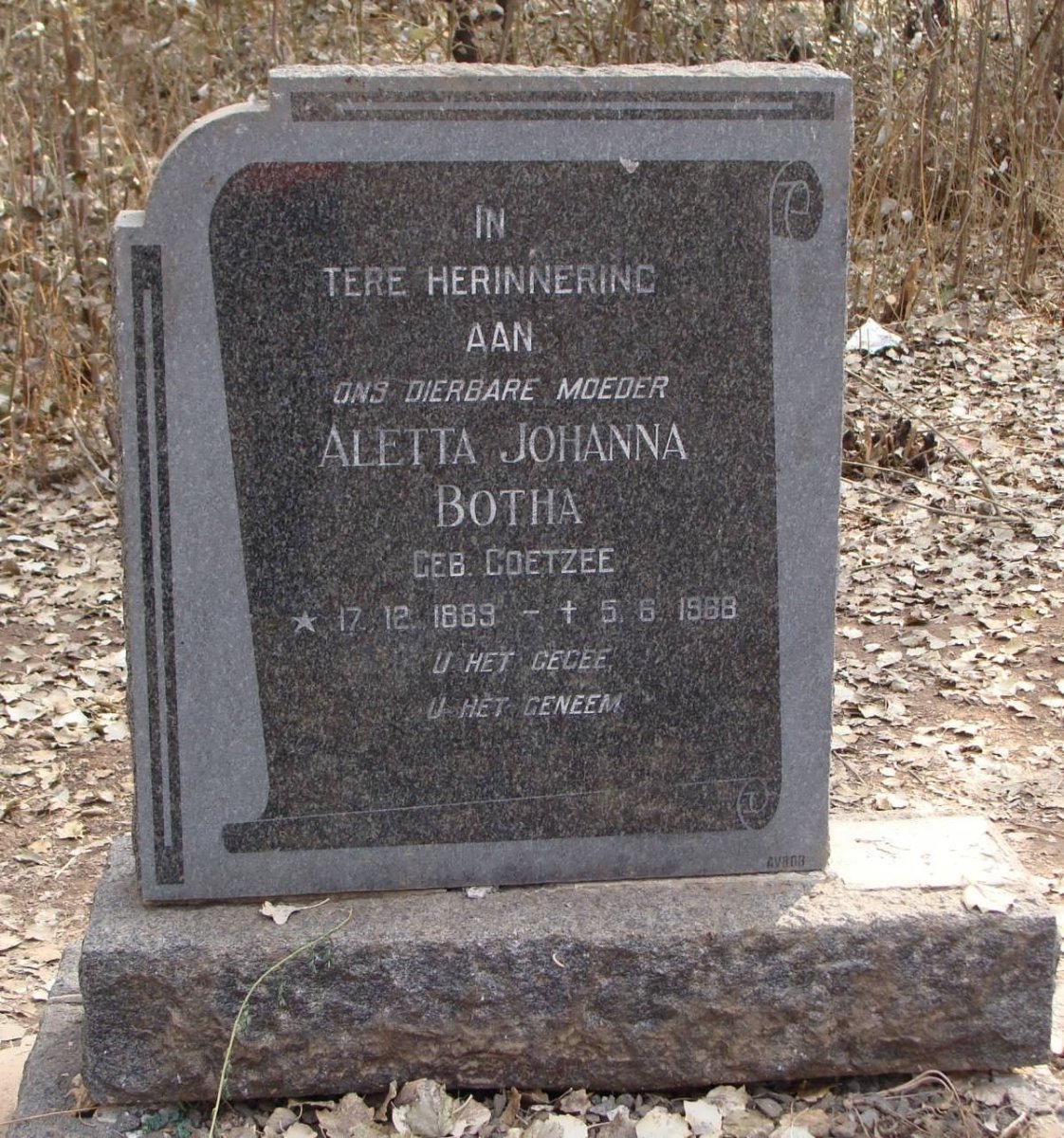 BOTHA Aletta Johanna neé COETZEE 1889- 1968
