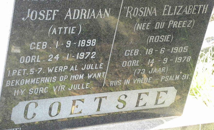 COETSEE Josef Adriaan 1898-1972 &amp; Rosina Elizabeth DU PREEZ 1905-1978