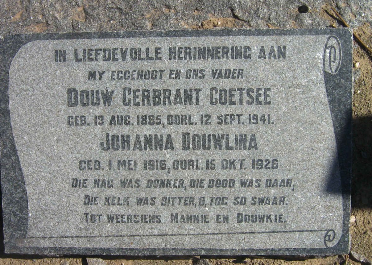 COETSEE Douw Gerbrant 1885-1941 &amp; Johanna Douwlina 1916-1926