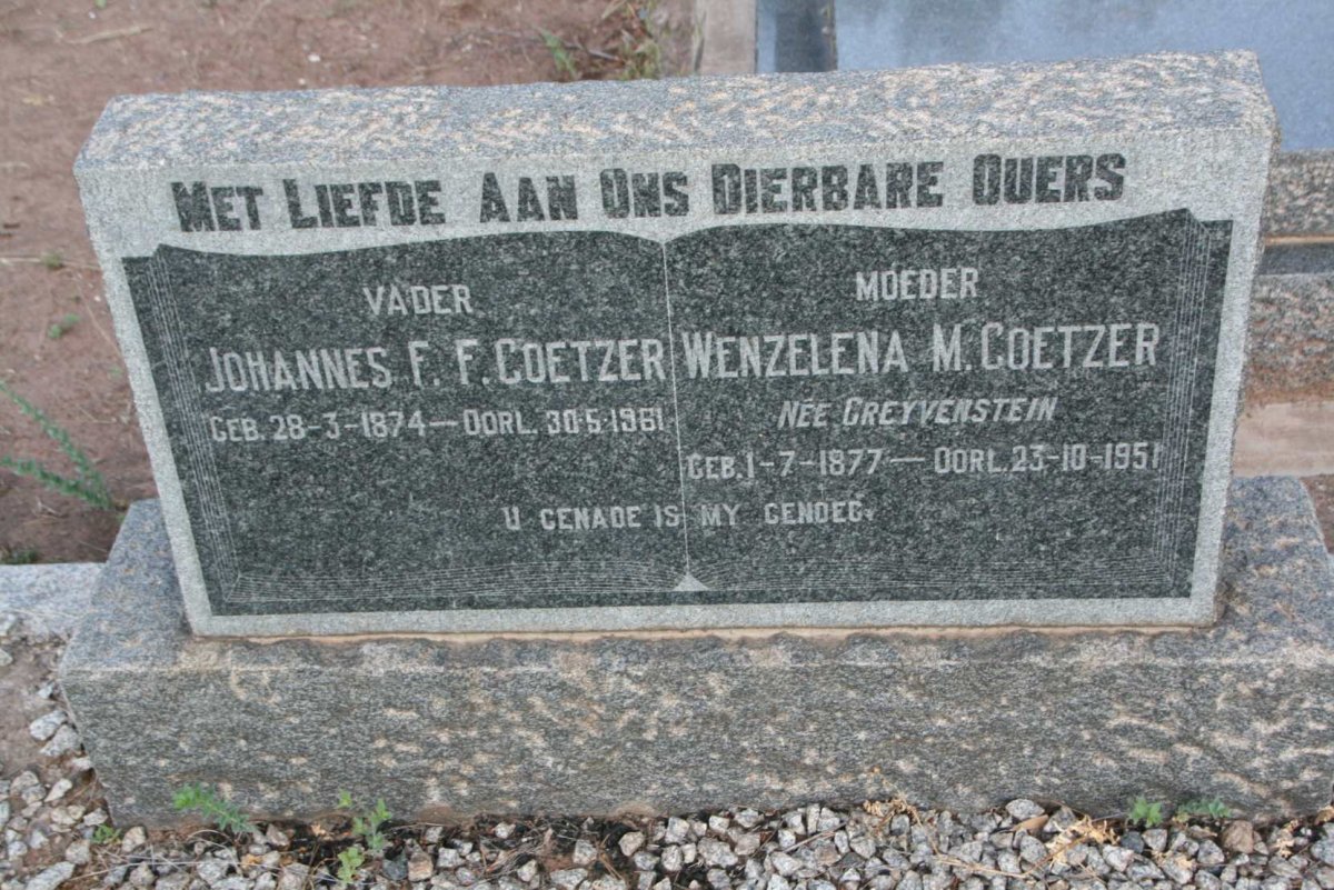 COETZER Johannes F.F. 1874-1961 &amp; Wenzelena M. GREYVENSTEIN 1877-1951