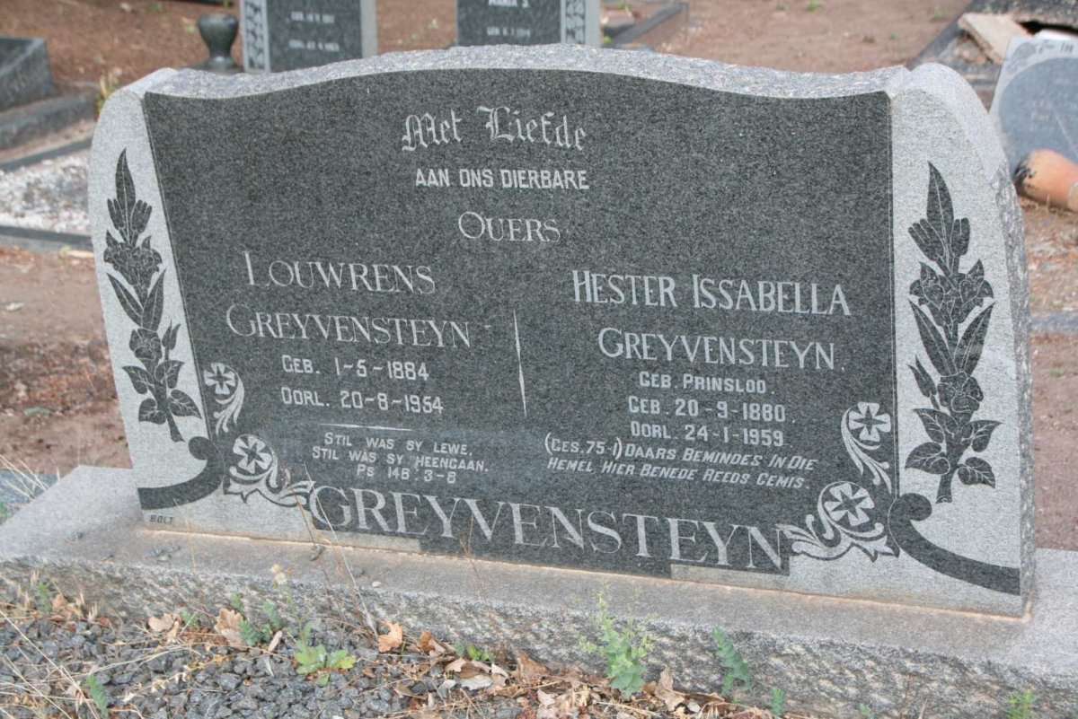 GREYVENSTEYN Louwrens 1884-1954 &amp; Hester Issabella PRINSLOO 1880-1959