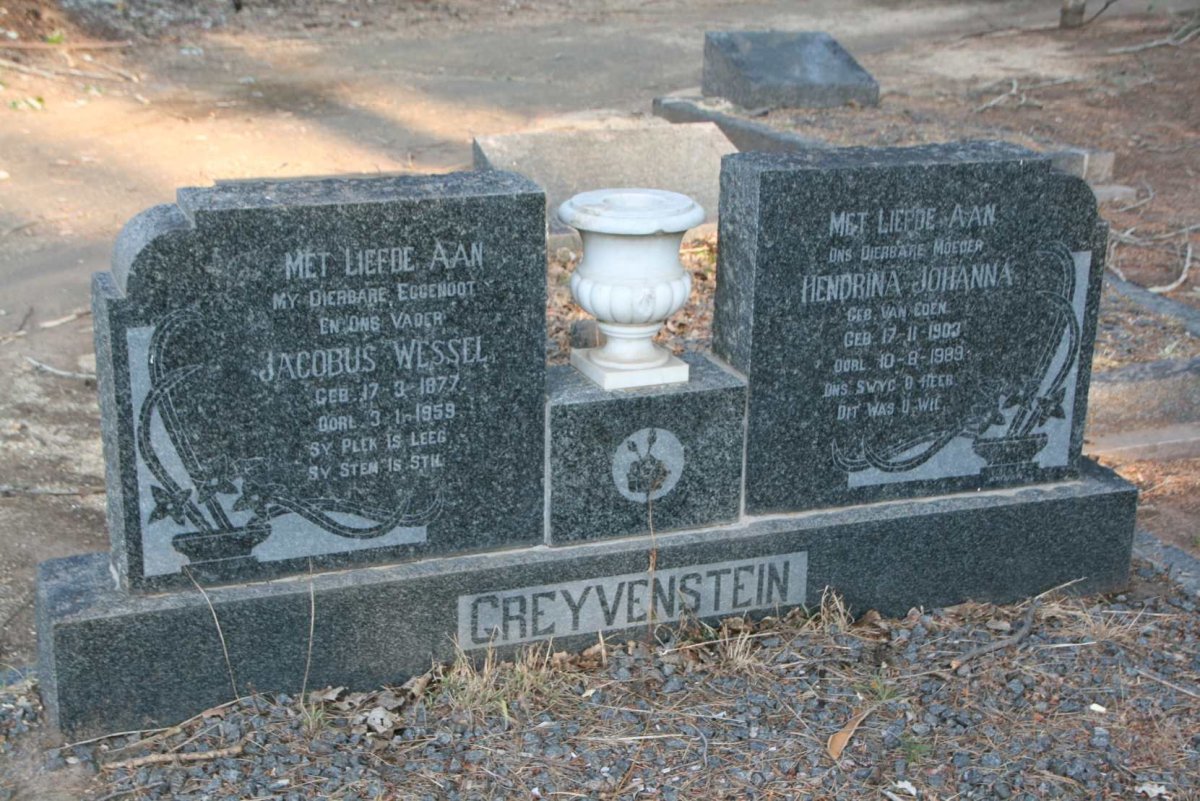 GREYVENSTEIN Jacobus Wessel 1877-1959 &amp; Hendrina Johanna VAN EEDEN 1903-1989