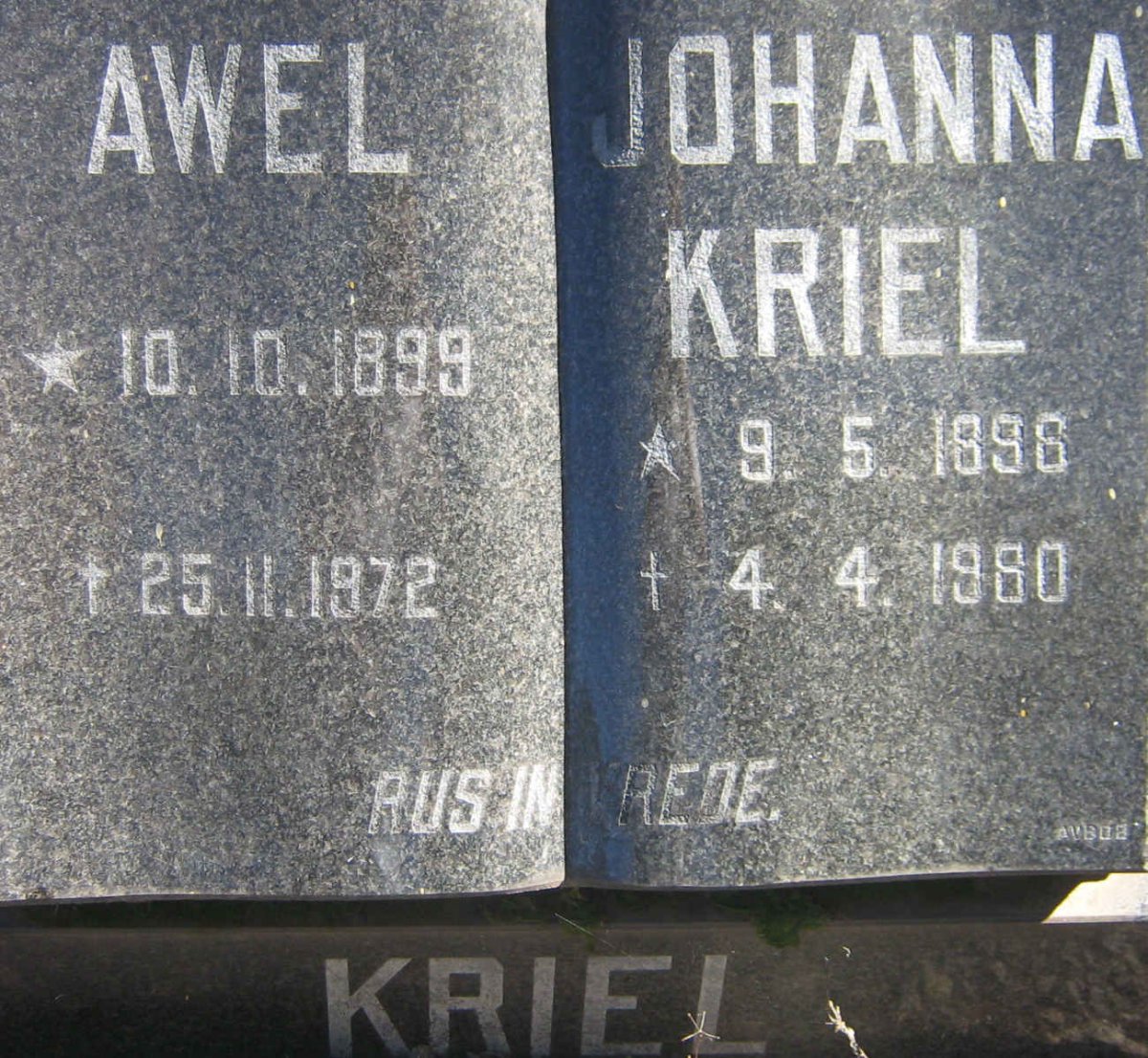 KRIEL Awel 1899-1972 &amp; Johanna 1896-1980