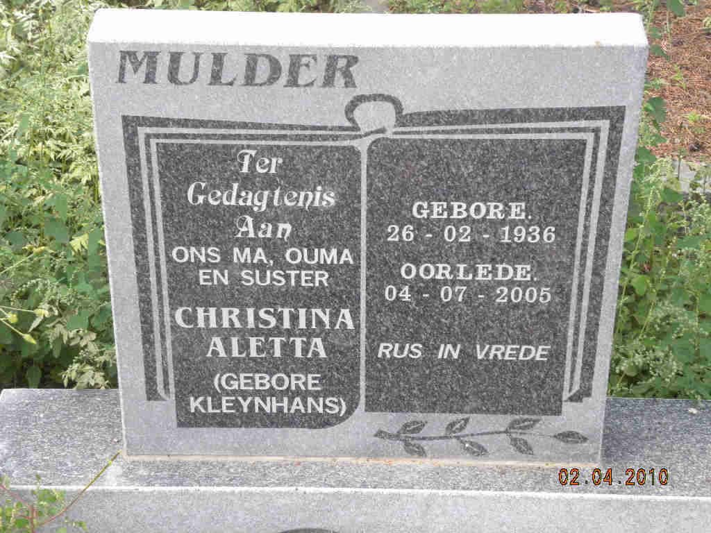 MULDER Christina Aletta nee KLEYNHANS 1936-2005