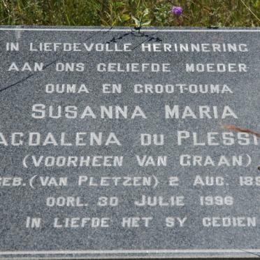 PLESSIS Susanna Maria Magdalena, du formerly VAN GRAAN nee VAN PLETZEN 1899-1996