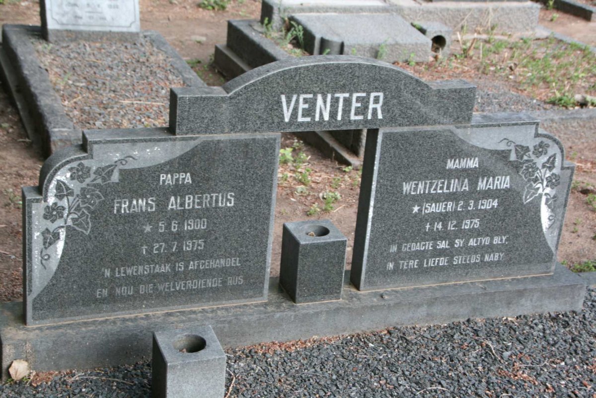 VENTER Frans Albertus 1900-1975 &amp; Wentzelina Maria SAUER 1904-1975