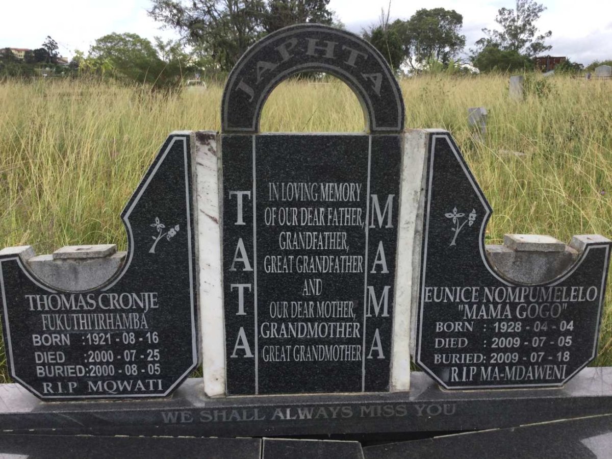 JAPHTA Thomas Cronje Fukuthi’rhamba 1921-2000 &amp; Eunice Nompumelelo 1928-2009