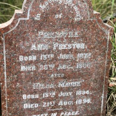 PRESTON Philippha Ann 1874-1900 :: PRESTON Hilda Maude 1894-1894