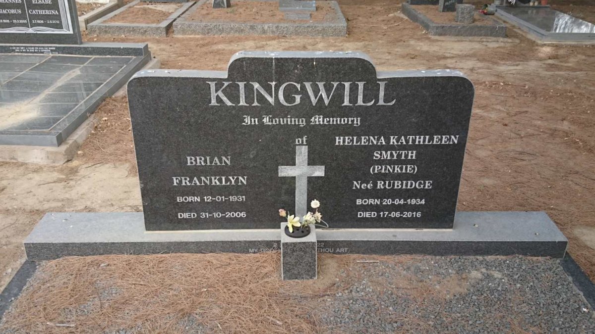 KINGWILL Brian Franklyn 1931-2006 &amp; Helena Kathleen Smyth RUBIDGE 1934-2016