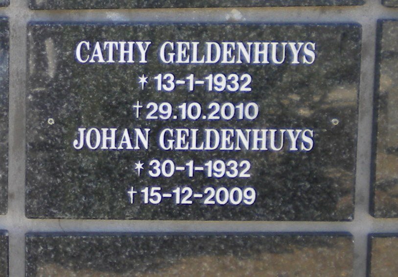 GELDENHUYS Johan 1932-2009 &amp; Cathy 1932-2010