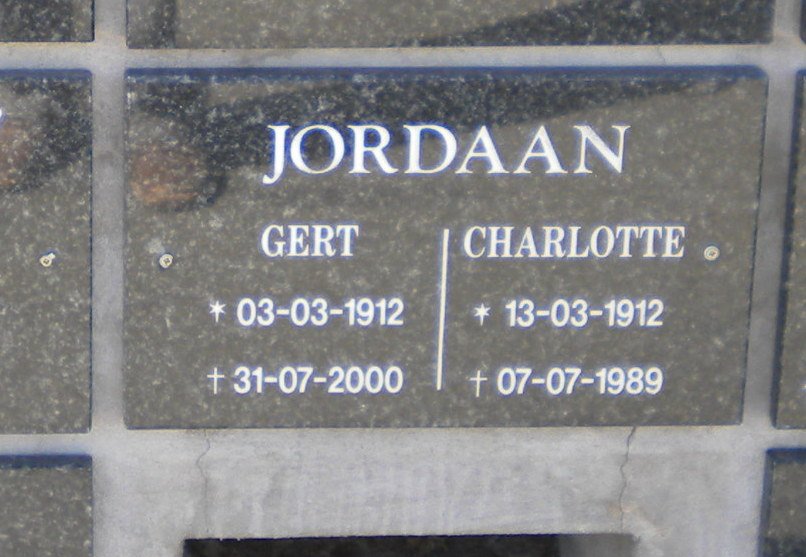 JORDAAN Gert 1912-2000 &amp; Charlotte 1912-1989