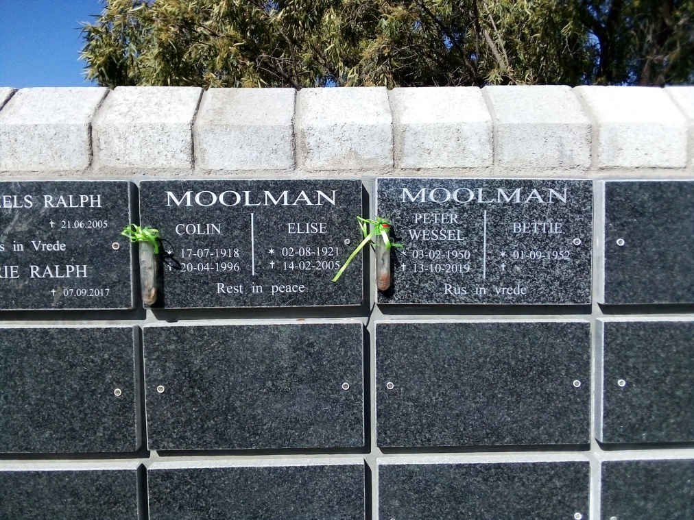 MOOLMAN Colin 1918-1996 &amp; Elise 1921-2005 :: MOOLMAN Peter Wessel 1950-2019 &amp; Bettie 1952-