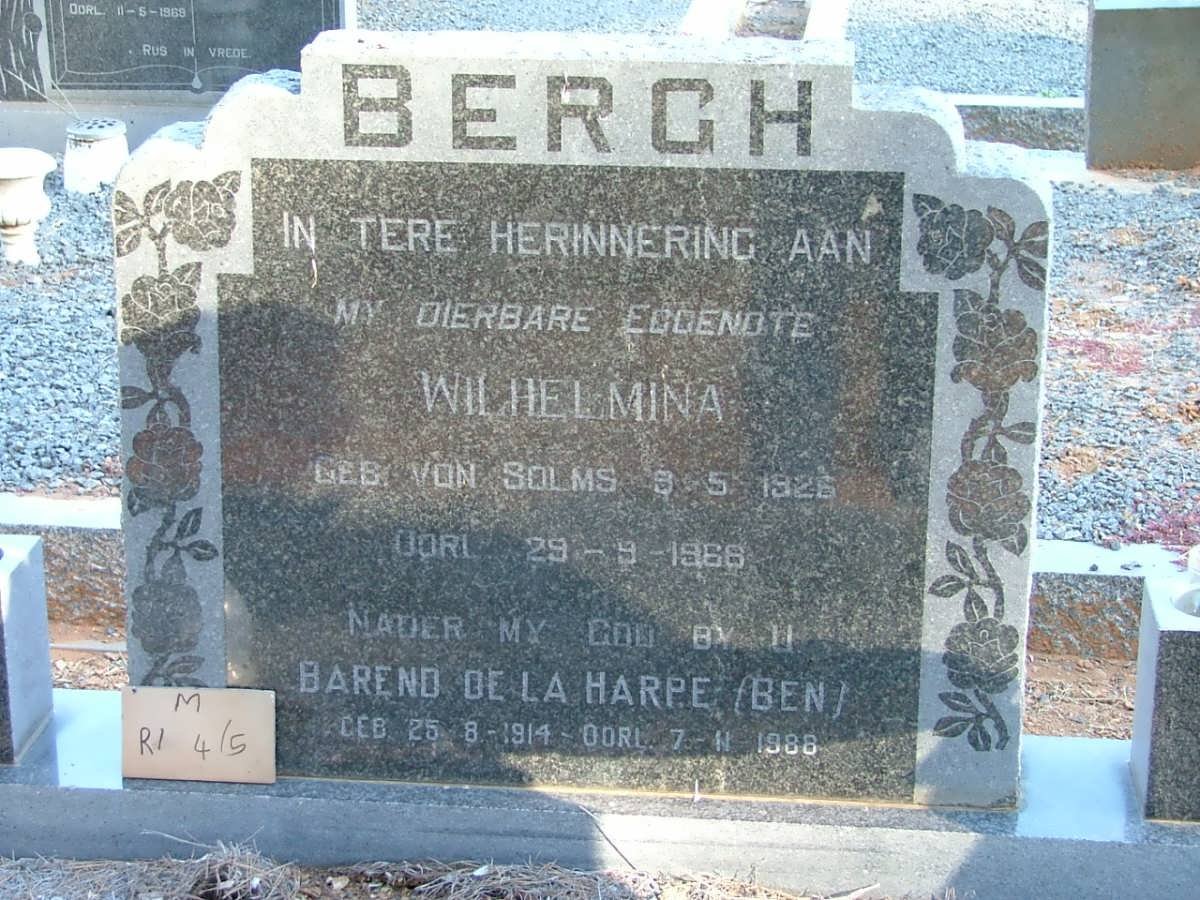 BERGH Wilhelmina nee VON SOLMS 1926-1966