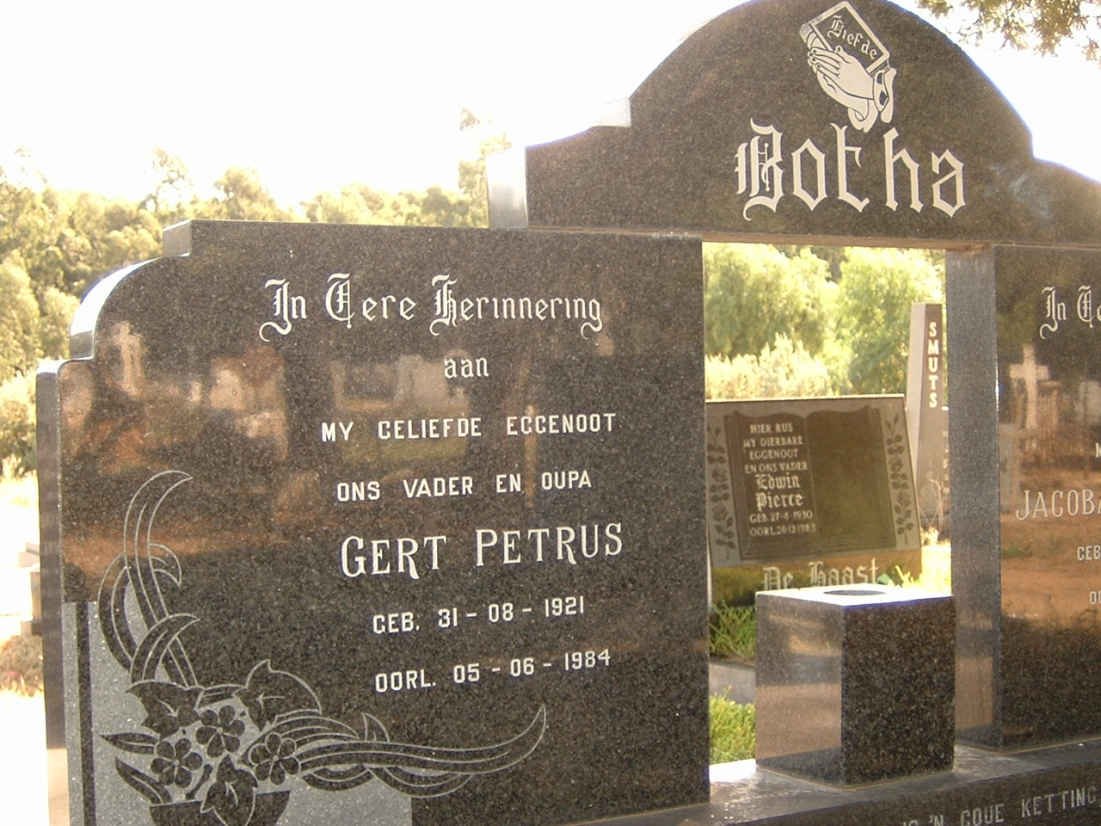 BOTHA Gert Petrus 1921-1984 &amp; Jacoba Johanna M. FOURIE 1924-1996