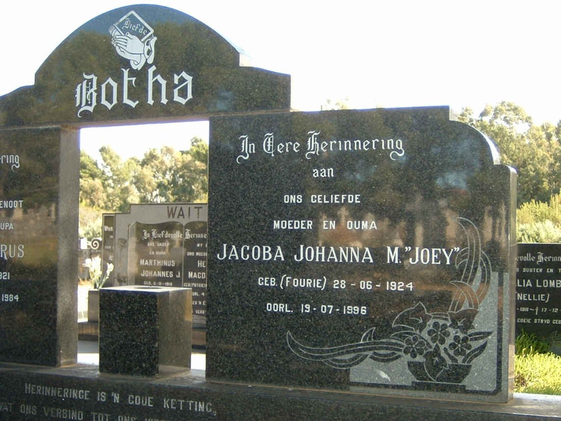 BOTHA Gert Petrus 1921-1984 &amp; Jacoba Johanna M. FOURIE 1924-1996