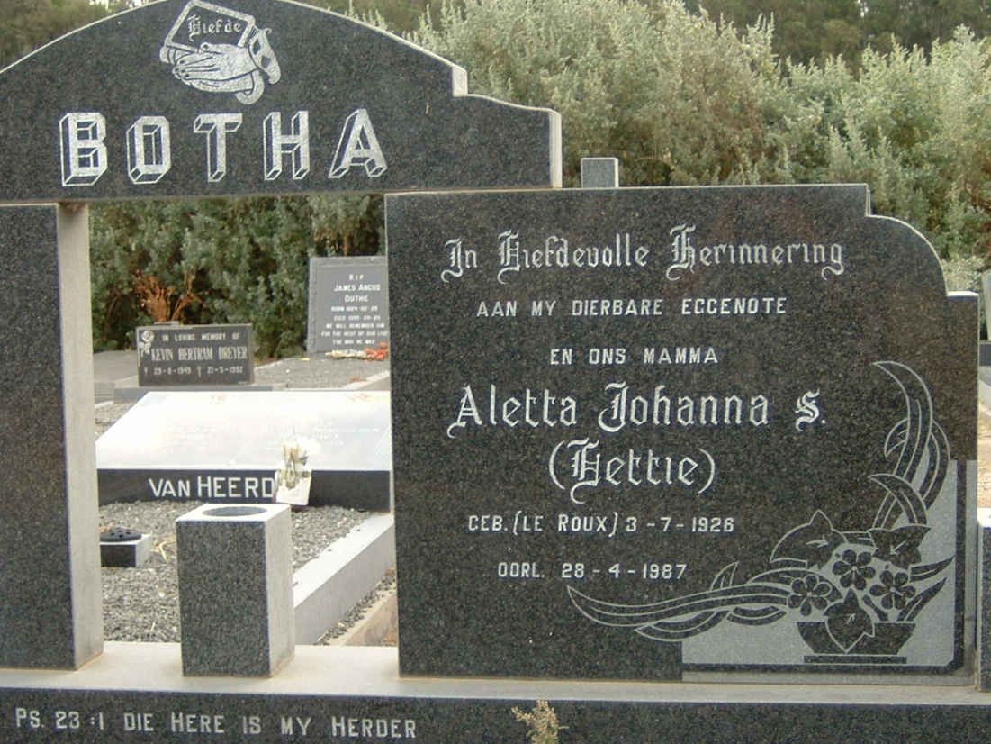 BOTHA Clarence Lawrence 1927- &amp; Aletta Johanna S. LE ROUX 1926-1987