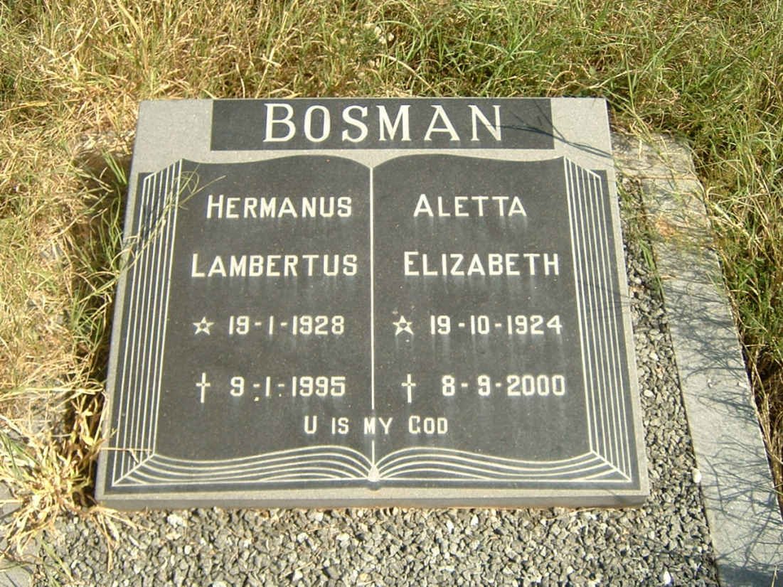 BOSMAN Hermanus Lambertus 1928-1995 &amp; Aletta Elizabeth 1924-2000