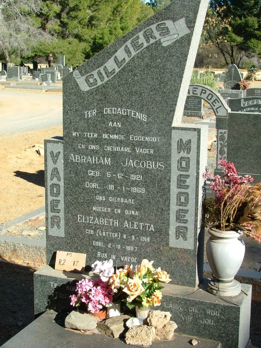 CILLIERS Abraham Jacobus 1921-1969 &amp;  &amp; Elizabeth Aletta LOTTER 1918-1987