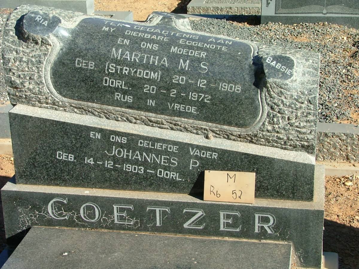 COETZER Johannes P. 1903- &amp; Martha M.S. STRYDOM 1908-1972