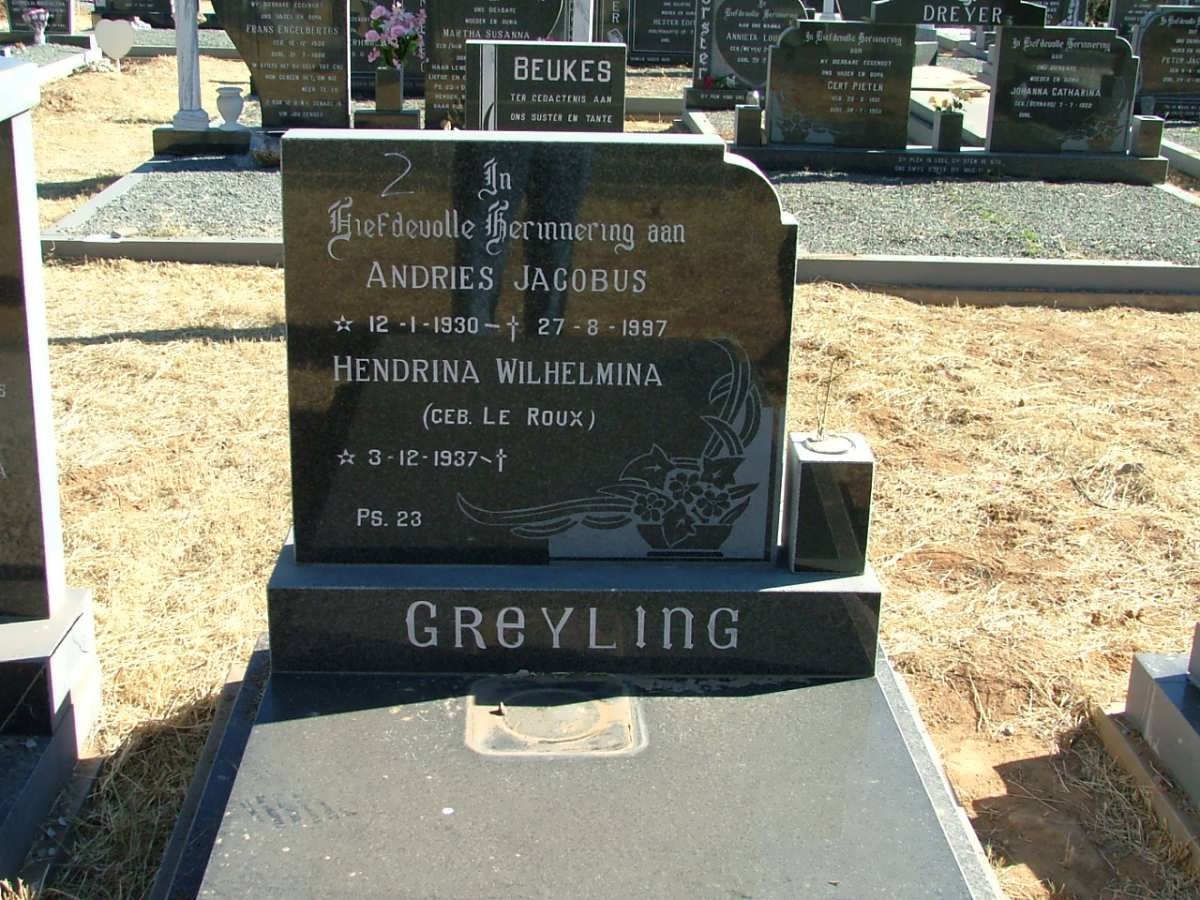 GREYLING Andries Jacobus 1930-1997 &amp; Hendrina Wilhelmina LE ROUX 1937-