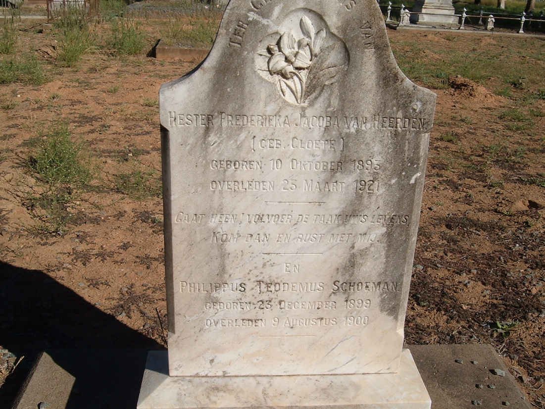 HEERDEN Hester Frederieka Jacoba, van nee CLOETE 1893-1921 ::  SCHOEMAN Philippus Teodemus 1899-1900