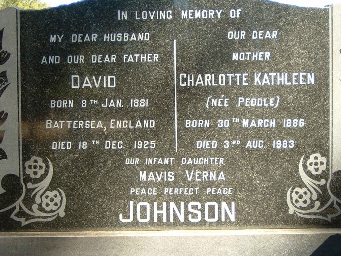 JOHNSON David 1881-1925 &amp; Charlotte Kathleen PEDDLE 1886-1983 :: JOHNSON Mavis Verna