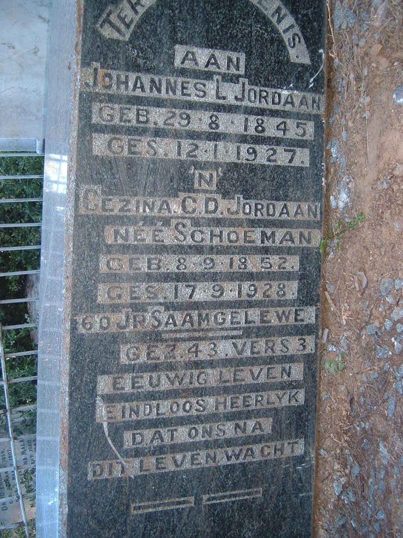 JORDAAN Johannes L. 1845-1927 &amp; Gezina C.D. SCHOEMAN 1852-1928