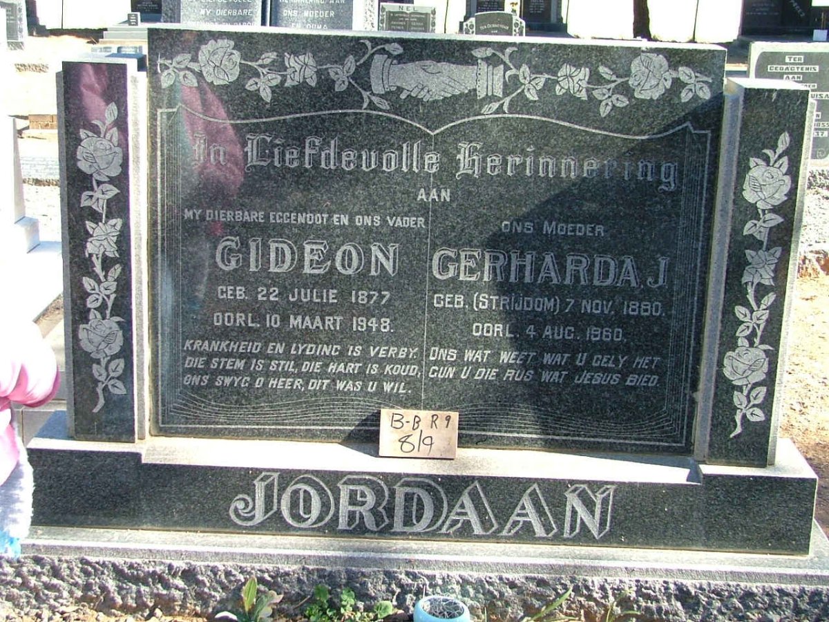 JORDAAN Gideon 1877-1948 &amp; Gerharda J. STRIJDOM 1880-1960