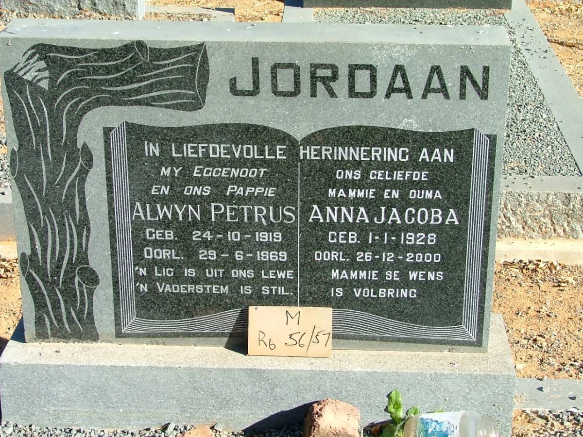 JORDAAN Alwyn Petrus 1919-1969 &amp; Anna Jacoba 1928-2000