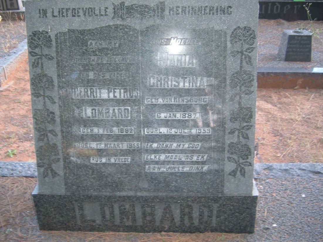 LOMBARD Gerrit Petrus 1882-1955 &amp; Maria Christina VAN RENSBURG 1887-1959