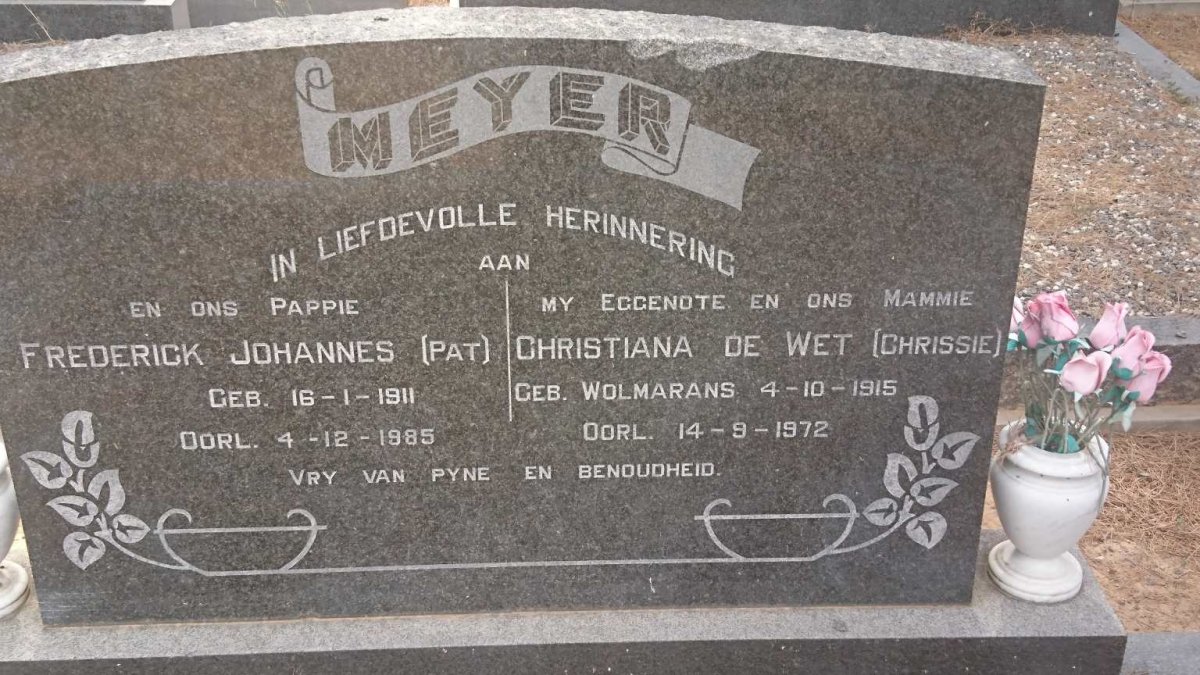 MEYER Frederick Johannes 1911-1985 &amp; Christiana de Wet WOLMARANS 1915-1972