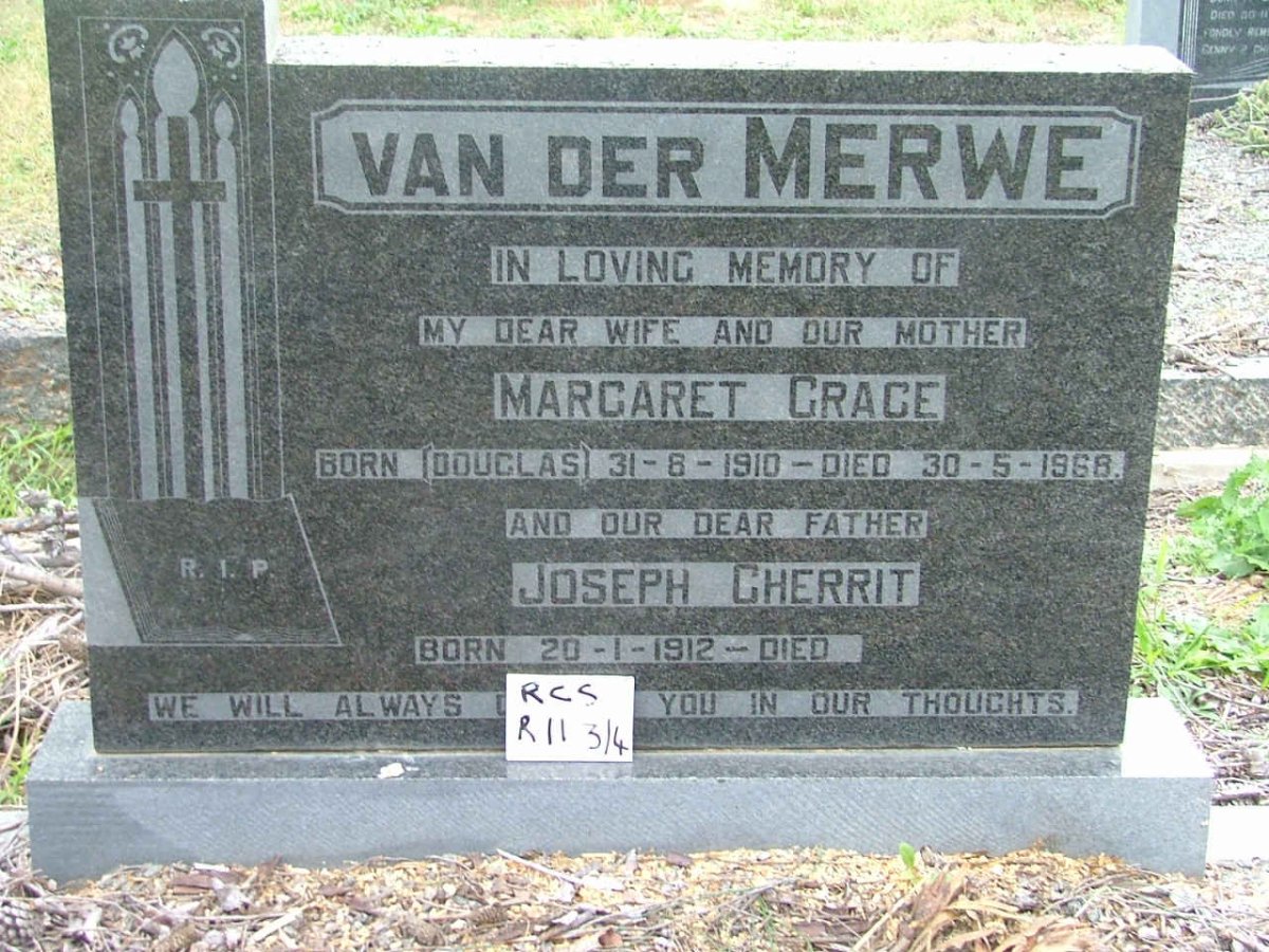 MERWE Joseph Gherrit, van der 1912- &amp; Margaret Grace DOUGLAS 1910-1968